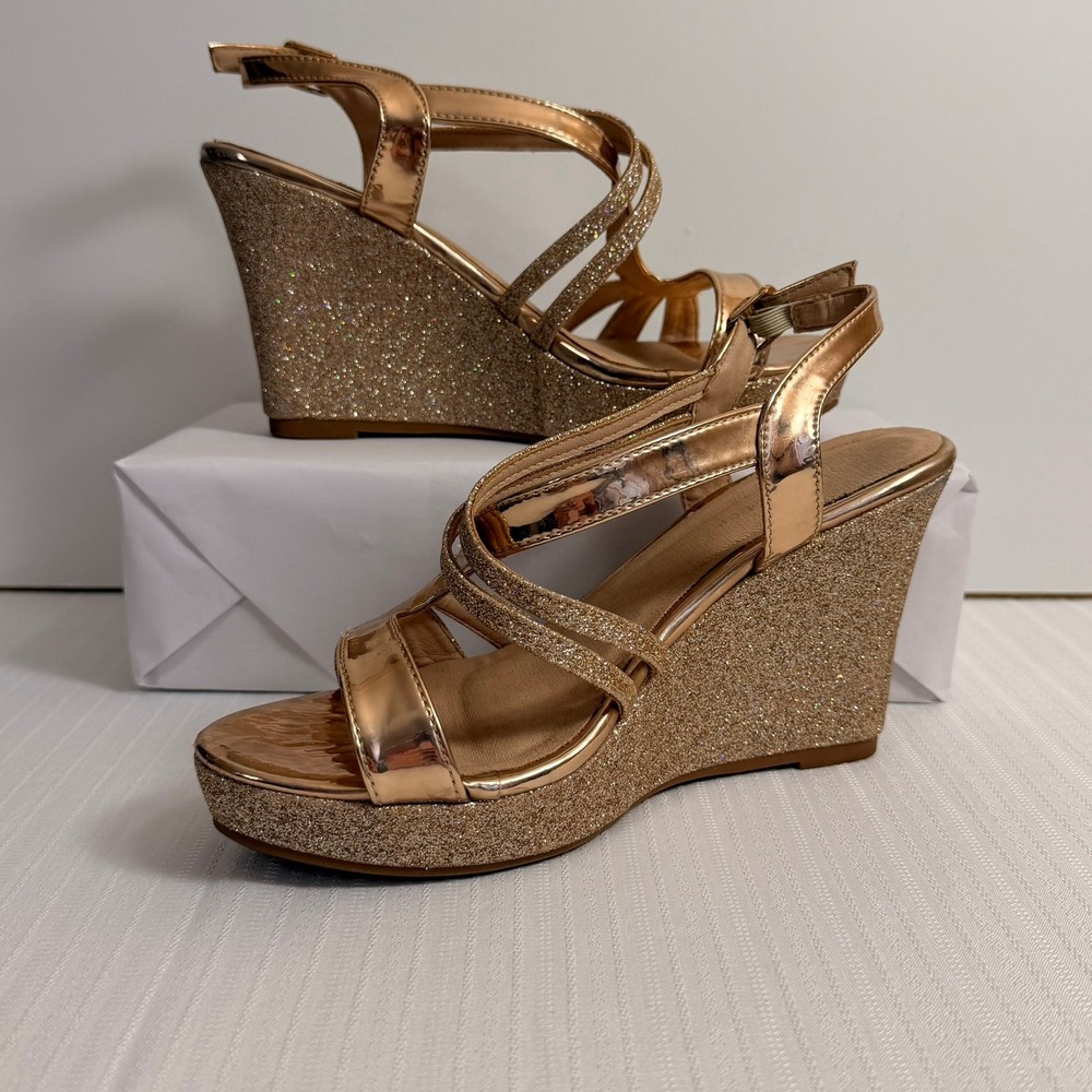 Rose Gold Glitter Metallic Wedge Sandals Sz 7.5 Strappy Platform Heels Prom Glam